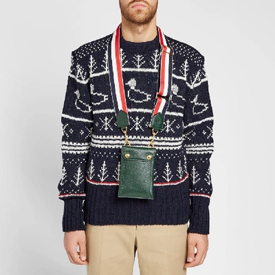 Shop Thom Browne Leather Phone Holder Bag With Grosgrain Strap In Green