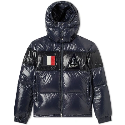 Shop Moncler Gary Patch Text Hooded Down Jacket In Blue