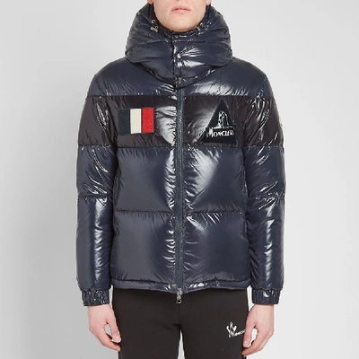 Shop Moncler Gary Patch Text Hooded Down Jacket In Blue