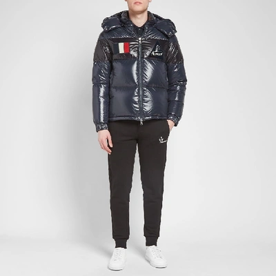 Shop Moncler Gary Patch Text Hooded Down Jacket In Blue