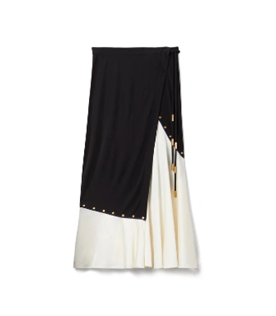 Shop Tory Burch Mixed-material Wrap Skirt In Black