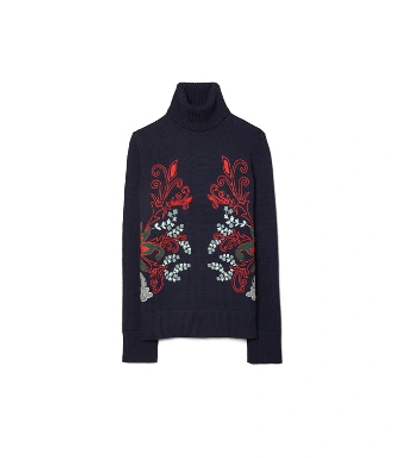 Shop Tory Burch Jacquard Embroidered-front Turtleneck In Navy Blue
