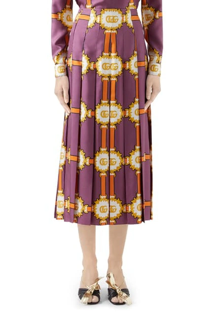 Shop Gucci Gg Doubloon Harness Print Pleated Silk Twill Skirt In Violet/ Orange Print