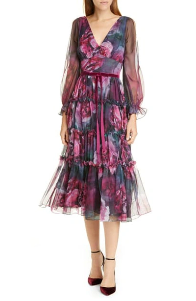 Shop Marchesa Notte Floral V-neck Long Sleeve Chiffon Midi Dress In Plum