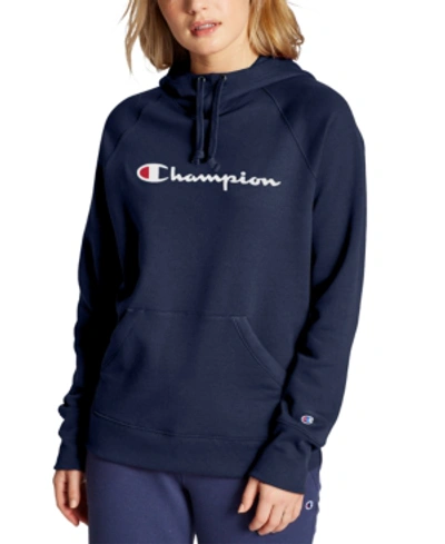 Shop Champion Women's Powerblend Cotton Logo Hoodie In Athletic Navy