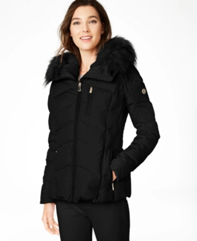 Shop Calvin Klein Faux-fur-trim Hooded Down Puffer Coat, Created For Macy's In Black