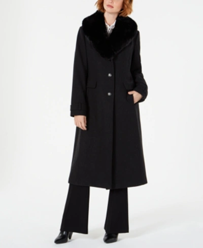 Shop Vince Camuto Single-breasted Coat With Faux-fur-collar In Charcoal