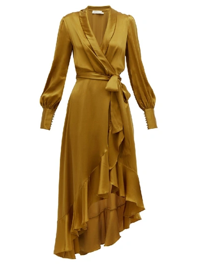Shop Zimmermann Wrap Silk Midi Dress In Gold