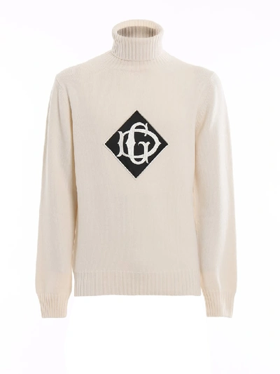 Shop Dolce & Gabbana Satin Logo Patch Wool Turtleneck In Neutrals