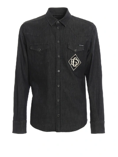Shop Dolce & Gabbana Satin Logo Patch Denim Shirt In Black