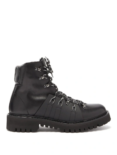 Shop Valentino Shearling-trim Leather Hiking Boots In Black