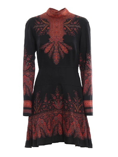Shop Etro Wool And Silk Twill Printed Flared Dress In Black
