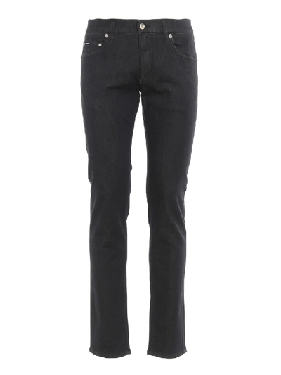 Shop Dolce & Gabbana Satin Logo Patch Denim Skinny Jeans In Black