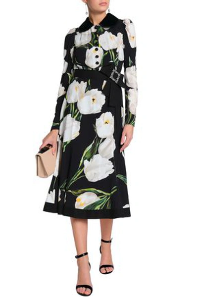 Shop Dolce & Gabbana Woman Embellished Floral-print Crepe Midi Dress Black