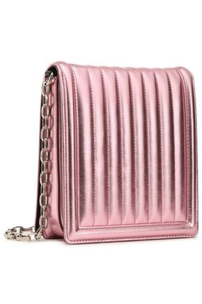 Shop Dolce & Gabbana Woman Crystal-embellished Metallic Matelassé Leather Shoulder Bag Baby Pink