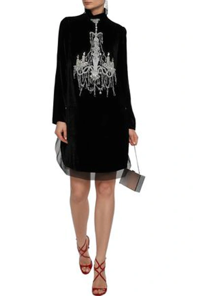 Shop Dolce & Gabbana Woman Embellished Chiffon-trimmed Velvet Mini Dress Black