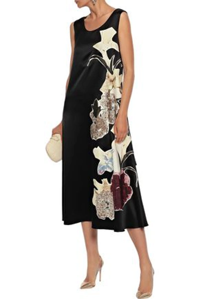 Shop Valentino Appliquéd Silk-satin Midi Dress In Black