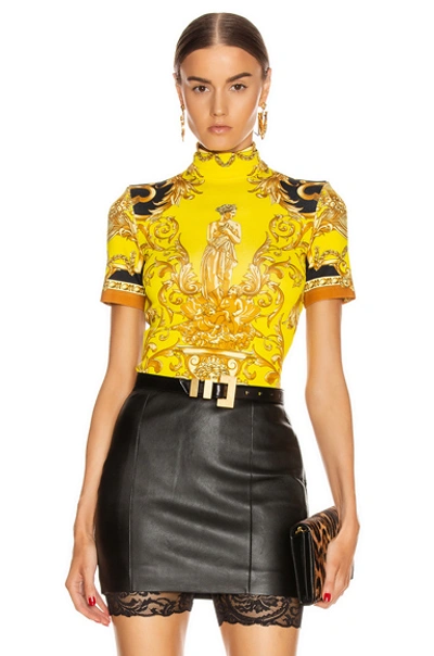 Shop Versace Baroque Turtleneck Crop Top In Caramel & Yellow