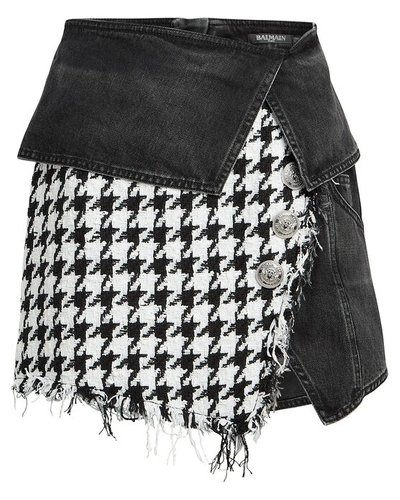 Shop Balmain Mixed Denim Tweed Mini Skirt In Blk/wht