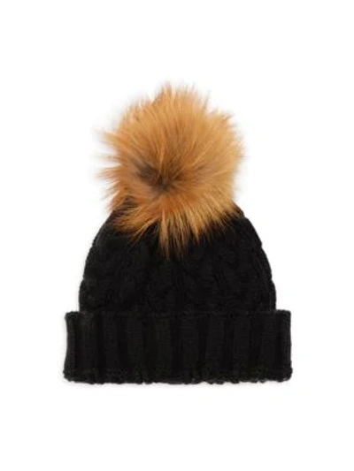 Shop Adrienne Landau Fox Fur Pom Pom Cable-knit Hat In Black