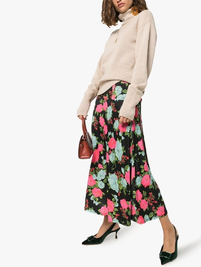 Shop Erdem Elvin Floral Print Midi Skirt In Black