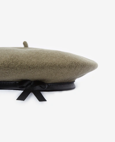 Shop The Kooples Khaki Wool Beret With Black Leather Bow