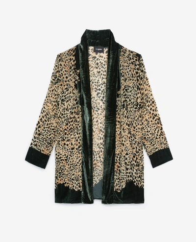 Shop The Kooples Velvet Print Kimono With Leopard Embroidery In Grn