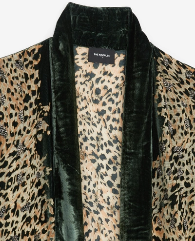 Shop The Kooples Velvet Print Kimono With Leopard Embroidery In Grn