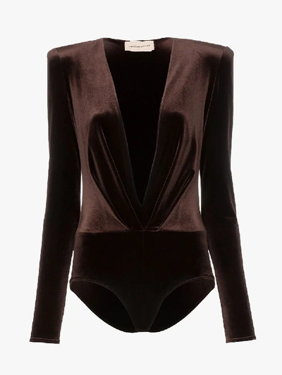 Shop Alexandre Vauthier Velvet Plunge Padded Shoulder Bodysuit In Brown
