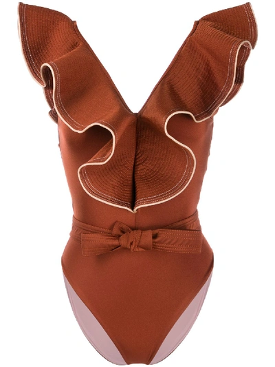 Shop Johanna Ortiz Ruffled Waist-strap Swimsuit In Brown