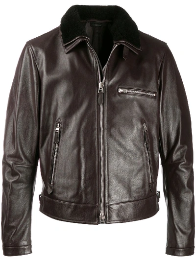 Shop Tom Ford Shearling Collar Biker Jacket In Brown
