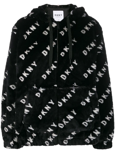 Shop Dkny Faux Fur Logo Hoodie In Black