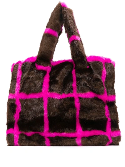 Shop Stand Studio Faux Fur Checked Tote In 7920 Brown/fuxia