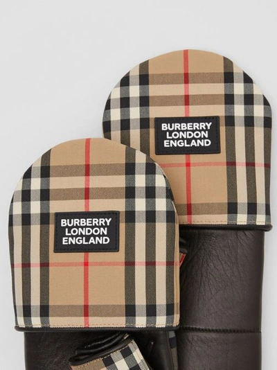 Shop Burberry Logo Appliqué Lambskin And Vintage Check Mittens In Archive Beige