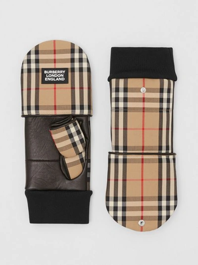 Shop Burberry Logo Appliqué Lambskin And Vintage Check Mittens In Archive Beige