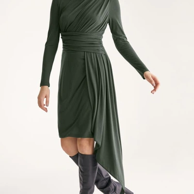 Shop Paisie Jersey Dress With Ruched Detail & Side Skirt Drape In Dark Green