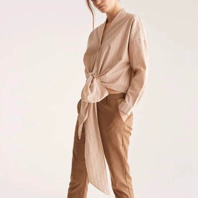Shop Paisie Striped Wrap Blouse With Tie Waist In Nude & Brown