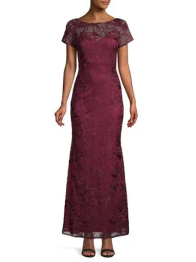 Shop Js Collections Embroidered Lace A-line Gown In Wine