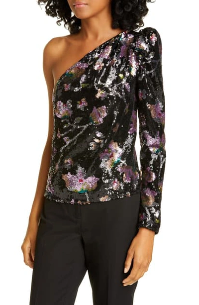 Shop Self-portrait Midnight Bloom Sequin One-shoulder Velvet Blouse In Multi