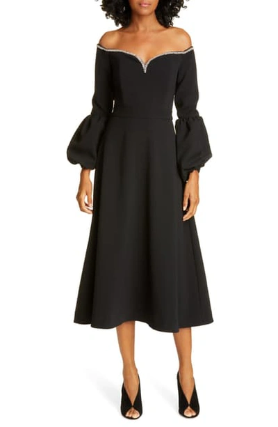 Shop Self-portrait Crystal Trim Off The Shoulder Long Sleeve Midi Dress In Black