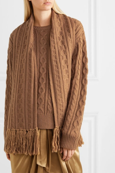 Shop Mother Of Pearl Draped Fringed Cable-knit Wool-blend Sweater In Camel