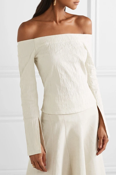 Shop Anna Quan Cora Off-the-shoulder Crinkled Stretch-jacquard Top In White