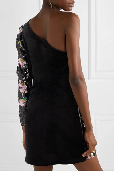 Shop Self-portrait One-sleeve Sequined Tulle And Velvet Mini Dress In Black