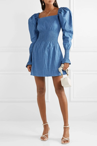 Shop Anna Quan Everly Shirred Crinkled Stretch-jacquard Mini Dress In Blue