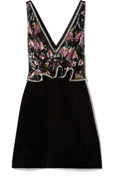 Shop Self-portrait Embellished Velvet Peplum Mini Dress In Black