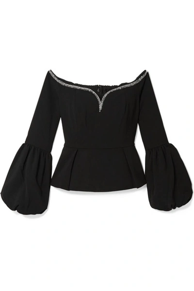 Shop Self-portrait Off-the-shoulder Embellished Crepe Peplum Top In Black