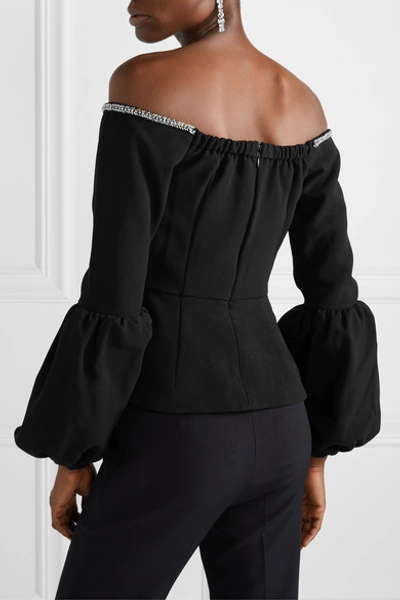 Shop Self-portrait Off-the-shoulder Embellished Crepe Peplum Top In Black