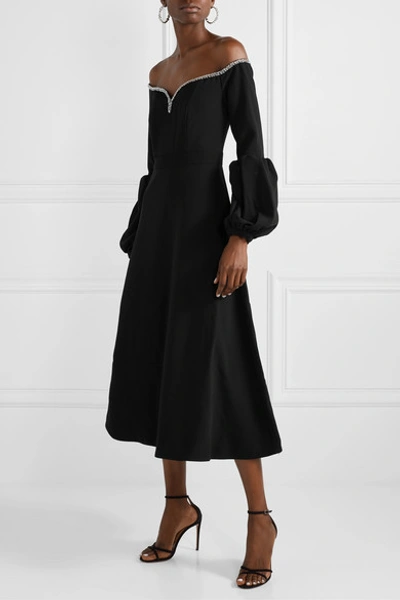 Shop Self-portrait Off-the-shoulder Embellished Crepe Midi Dress In Black