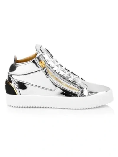 Shop Giuseppe Zanotti Mirrored Leather Mid-top Sneakers In Argento