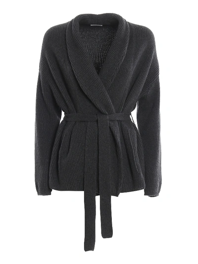 Shop Brunello Cucinelli Rib Knitted Cashmere Belted Cardigan In Dark Grey
